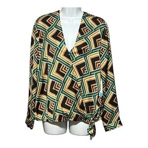 Drew Vienna Blouse Green Geometric Printed Satin Wrap Tie Top Medium